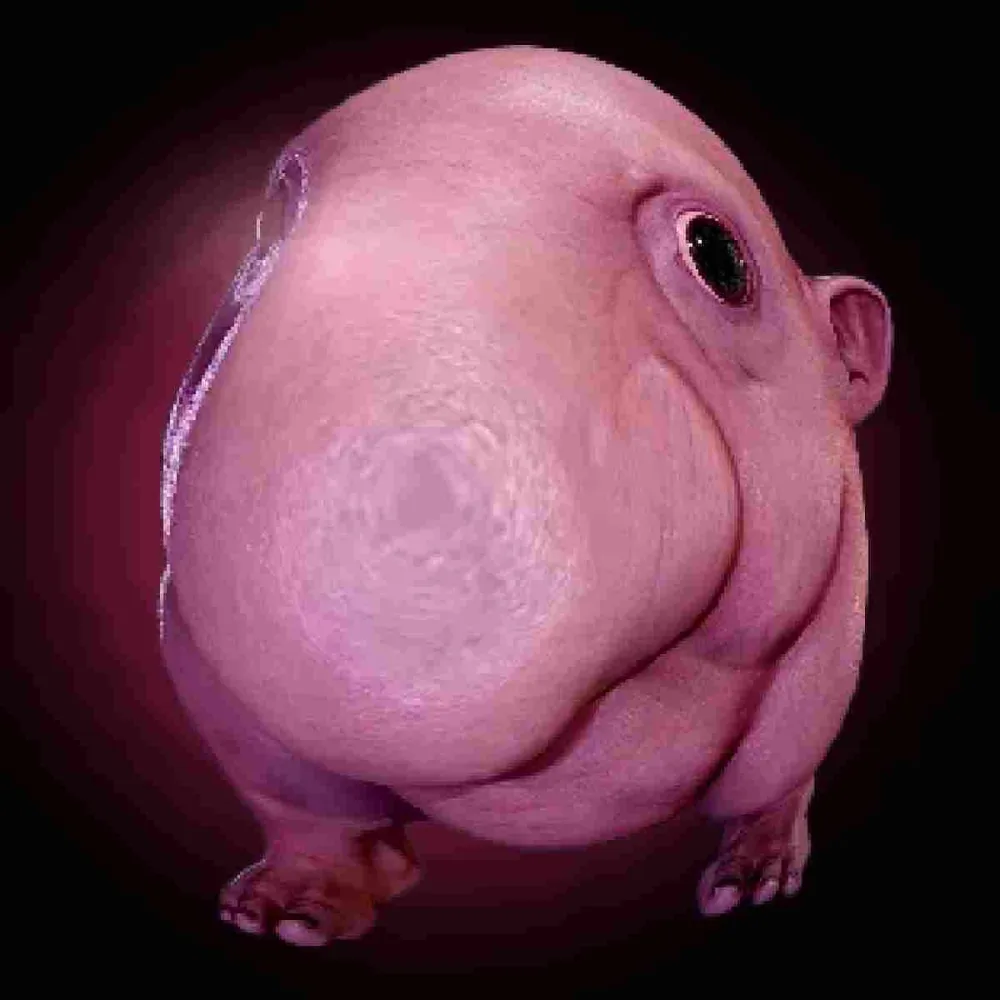 The creature's face bulging against a camera lens