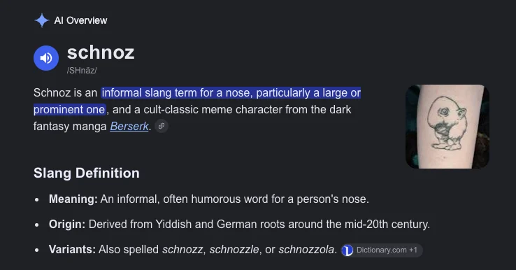 Google's AI Overview for schnoz, giving both the slang definition and the Berserk meme character