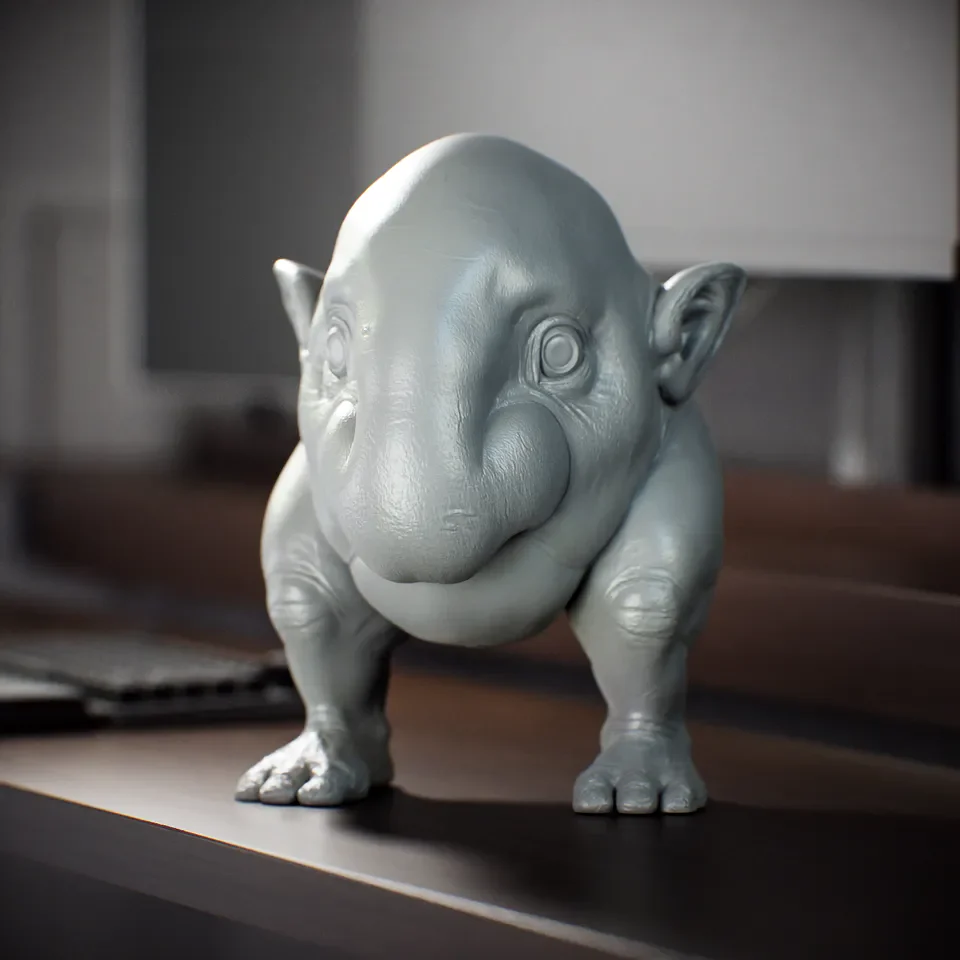 An untextured grey sculpt of the creature standing on a desk