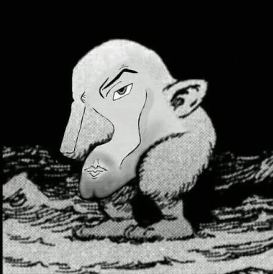 A closer black and white drawing of the creature, scowling