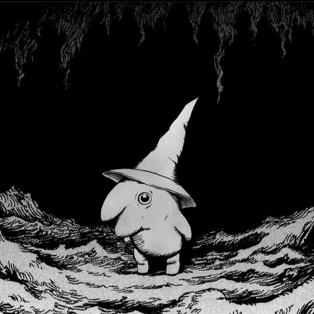 The Schnoz standing in a cave under stalactites, drawn in black and white screentone